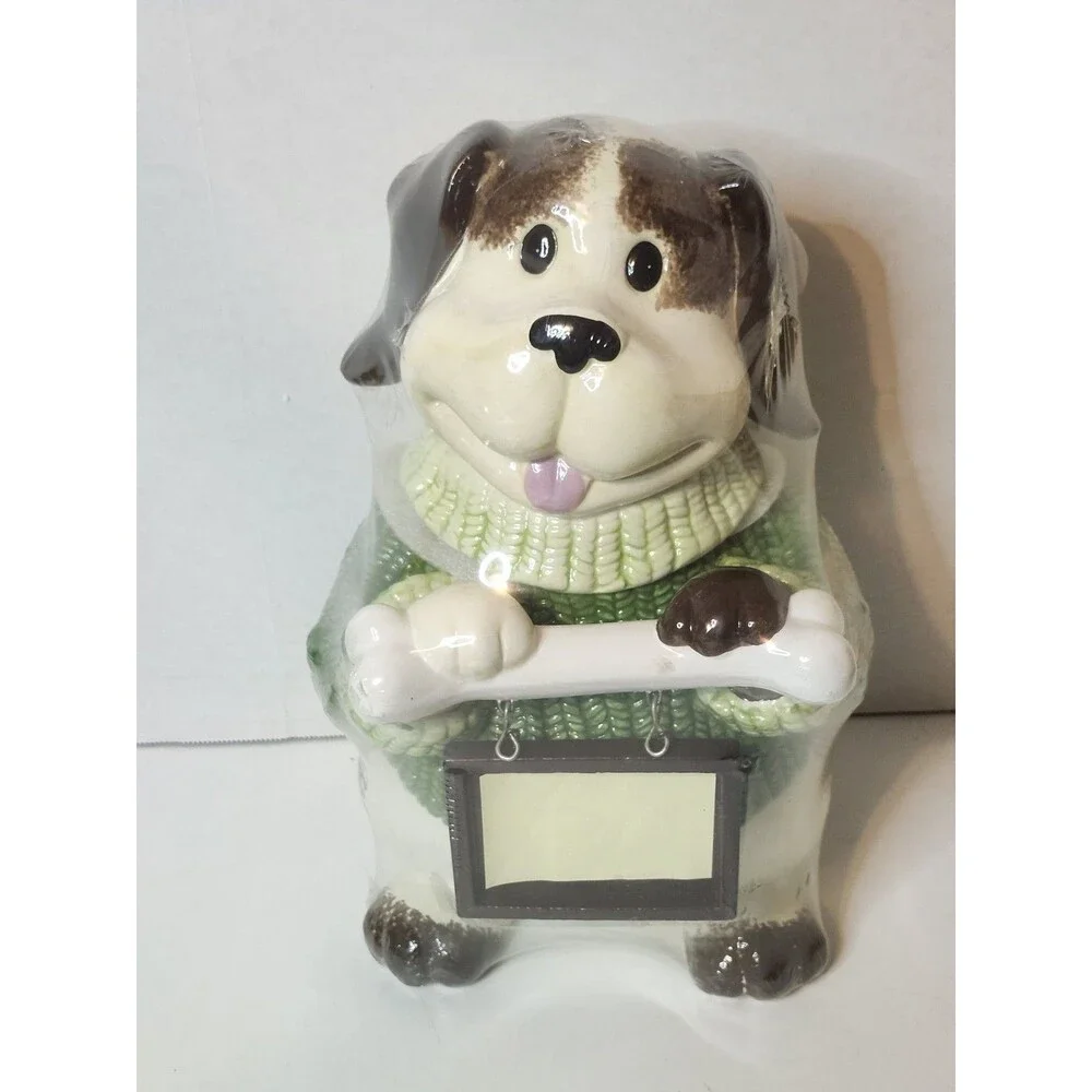 Dog in a Green Sweater with Bone and picture frame Ceramic Cookie Jar by CKA